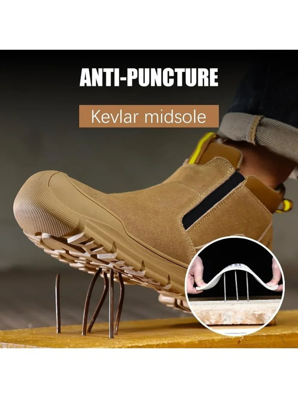 Men's Khaki Brown Fireproof Shoes Casual Steel Toe Slip On Jobsite Work Boots